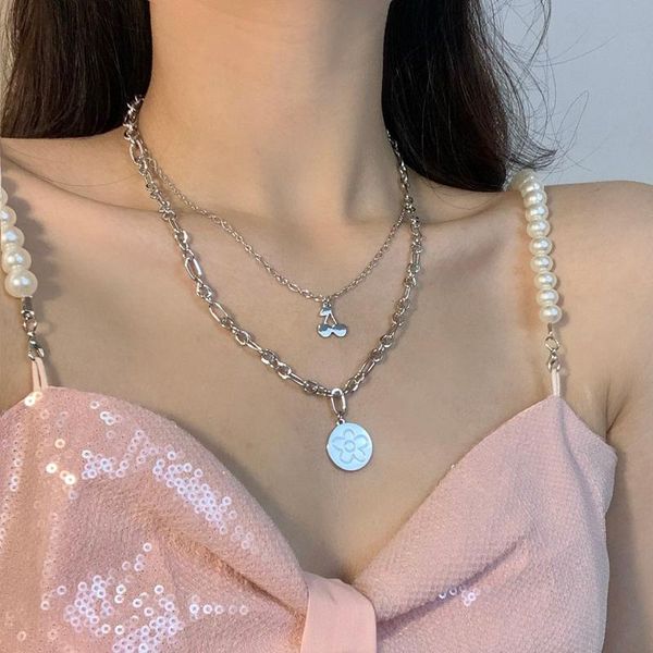 

pendant necklaces korean temperament cherry circle flower double layers necklace simple joker long chain women fashion, Silver