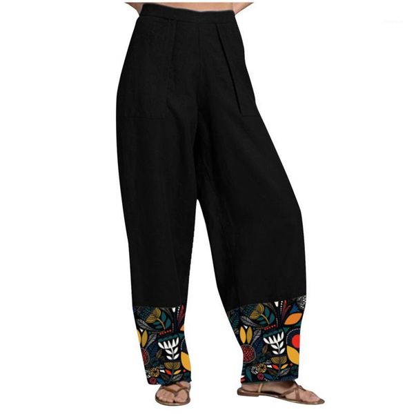 

women's pants & capris 2021 women casual printed harem patchwork stitching loose pocket cotton linen plus size japanese pantalon lady, Black;white