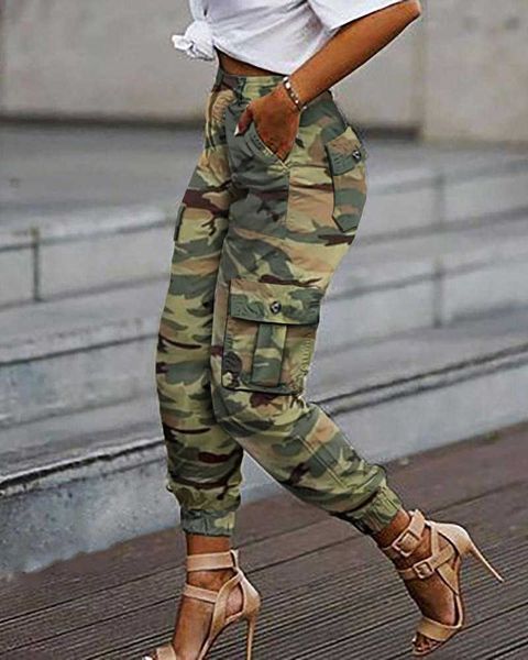 

women fashion casual pants women trousers camouflage print pocket design tied cuff cargo pants casual pants 210716, Black;white