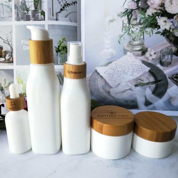 

storage bottles & jars empty porcelain white essential oil dropper refillable bottle bamboo cap spray lotion pump lid container pacakging