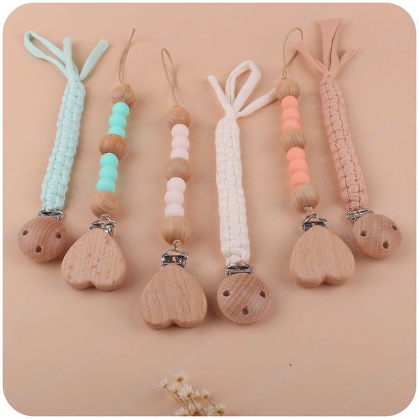 

newborn baby pacifier holders 2 piece set heart beech wooden beaded nipple clip toddler lanyard kids anti-out chain