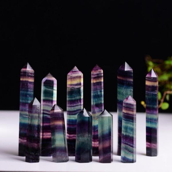 

natural fluorite crystal colorful striped 4-7cm quartz stone point healing hexagonal wand treatment garden decorations