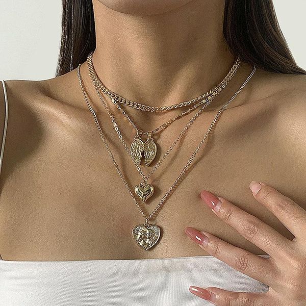 

pendant necklaces fashion multilayer love heart women vintage creative geometric chains choker colar christmas jewelry gift, Silver