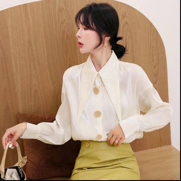

autumn fashion korean style women shirts white big turn down collar button retro chiffon female d526