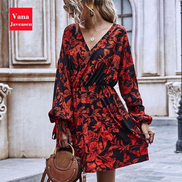 

cross-type v-neck high-waist a-line dress women flower print lantern sleeved cuffs bow lace-up design loose dresses party autumn casual, Black;gray