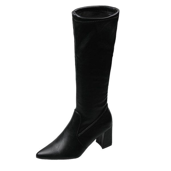 

boots mid-calf women 2021 leather/flock classics square heels winter party shoes woman, Black