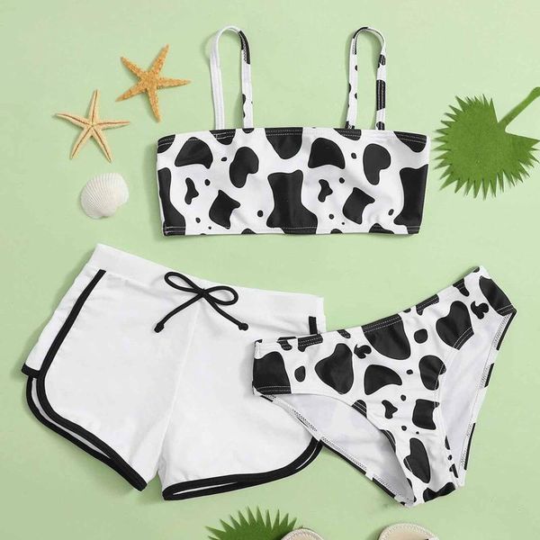 

toddler baby girls swimwear swimsuit cow printing bikini 8-14 years old three-piece pink swimming beachwear bathing suit one-pieces, Black