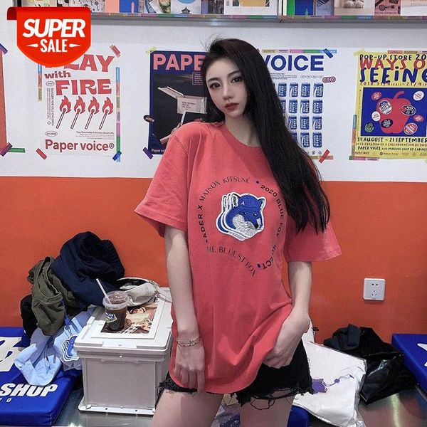 

ss japan and south korea pure cotton embroidered fox head letter t-shirt short sleeve direct sales #xv2q, White