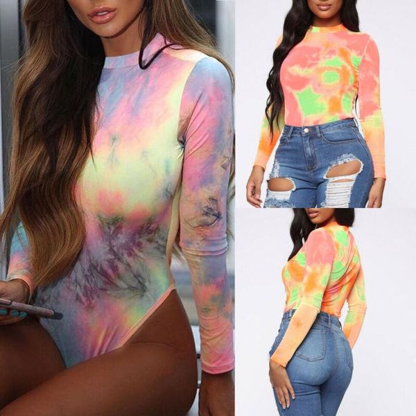 

women's jumpsuits & rompers women slim bodysuit bodycon tie dyed jumpsuit romper leotard lady playsuit long sleeve, Black;white