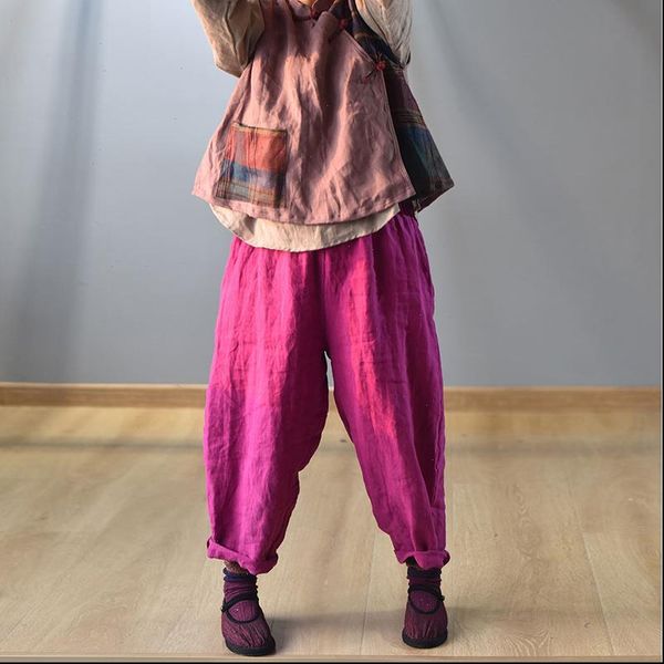 

women loose pants solid color elastic waist linen ladies plus size flax trousers female spring summer autumn, Black;white