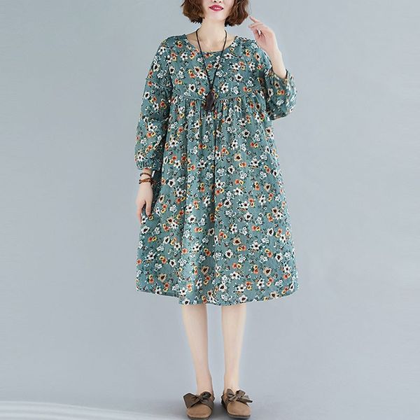 

oversized women cotton linen casual dress new spring vintage style floral print loose female knee-length dresses s3092 210412, Black;gray