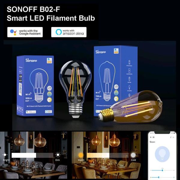 

smart home control sonoff b02f-st64/b02-f-a60 7w e27 wifi filament bulb lamp led light works with ewelink app and google assistant alexa