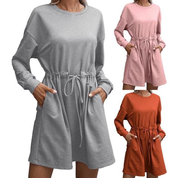 

casual dresses autumn women dress elegant party long sleeve o-neck lace up solid mini women's female clothing vestidos, Black;gray