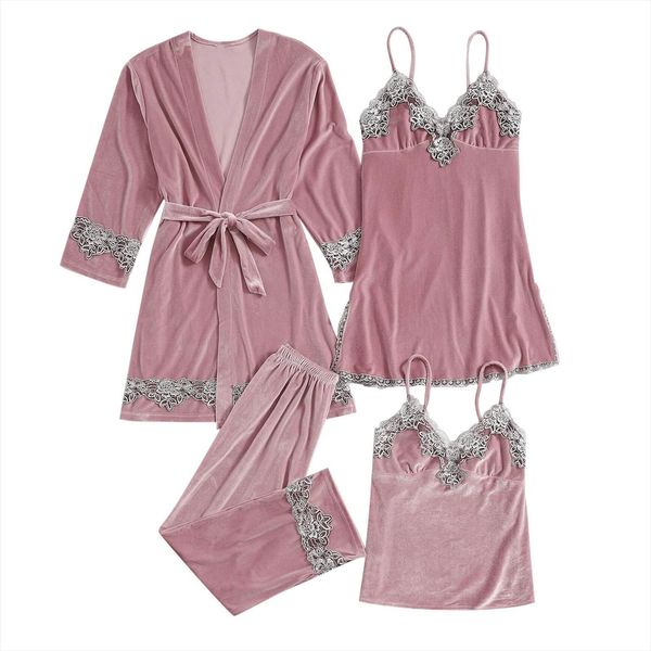

sling pajamas nightgown gold velvet women sleepwear lace nightdress underwear trousers four piece suit pizama damska, Black;red