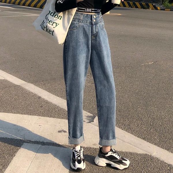 

blue gray jeans woman loose autumn winter wide leg pants mom high waits denim buttons ladies trousers plus size jean femme women's