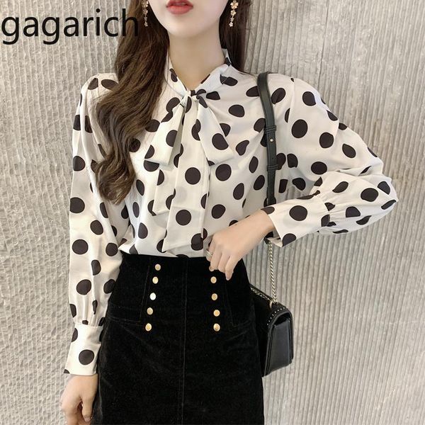 

women's blouses & shirts gagarich women vintage spring sweet bow lace up long sleeve female korean slim wave point print chiffon, White
