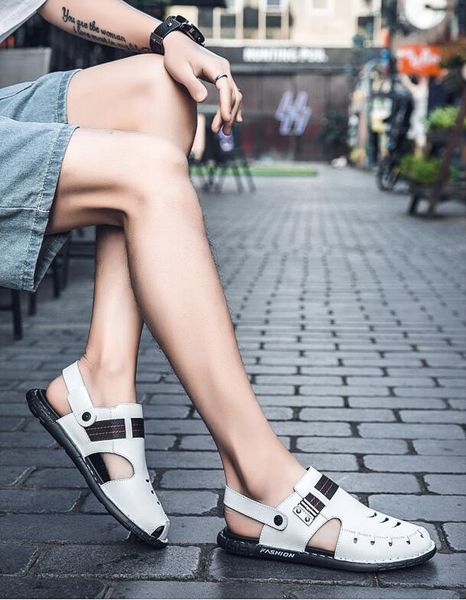 

mazu summer sandals buckle two-layer cowhide black white brown size 39-44