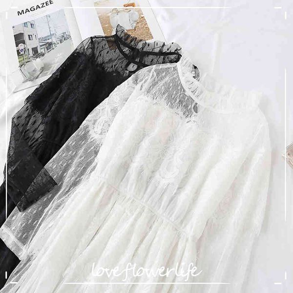 

black white lace dress party women elegant cake lotus leaf collar midi fairy mesh dresses elastic waist spring summer vestidos 210521, Black;gray