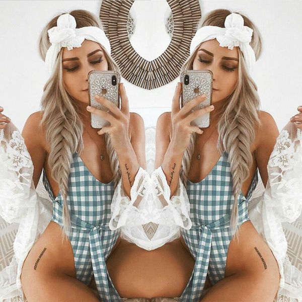 

one-piece suits brand 2021 women blue grid bow swimwear padded bra bikini swimsuit bandage push-up one piece suit backless