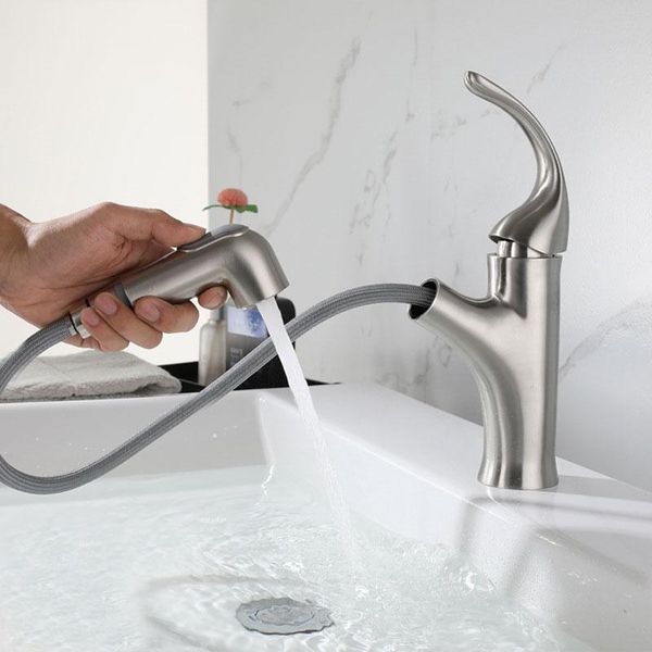 

stainless steel brushed surface pull-out lengthened mouth retractable washbasin and cold water bathroom bathtub faucet sink faucets