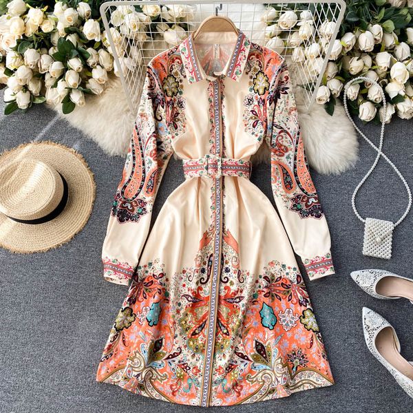 

dresses croysier runway fashion women es long sleeve shirt belted vintage paisley print elegant knee length midi, Black;gray
