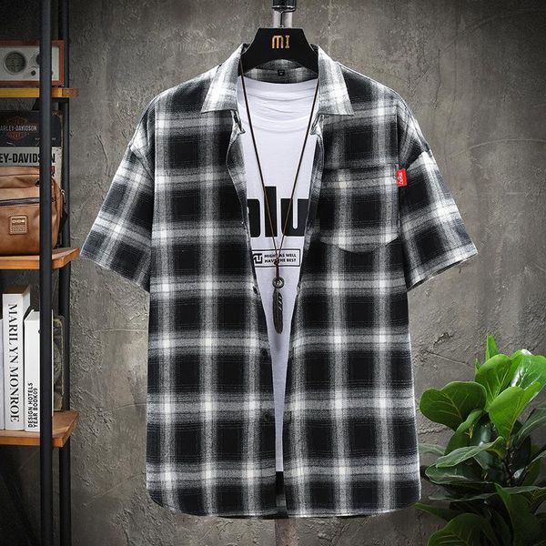 

men's casual shirts plaid shirt short sleeve summer fashion korean trend loose cotton, White;black
