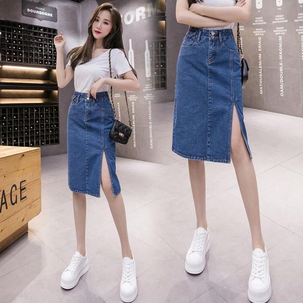 

skirts split denim skirt women's mid length spring and autumn 2021 small high waist thin bag hip a-line, Black