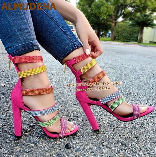 

chunky heels bling crystal sandals multi-color rhinestone strappy wedding pumps pink heel suede gladiator shoes, Black