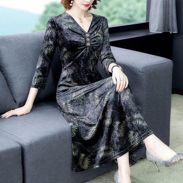 

casual dresses 2021 dress autumn feminine v-neck seven point sleeve vintage print gold velvet elegant fashion women vestidos m178, Black;gray