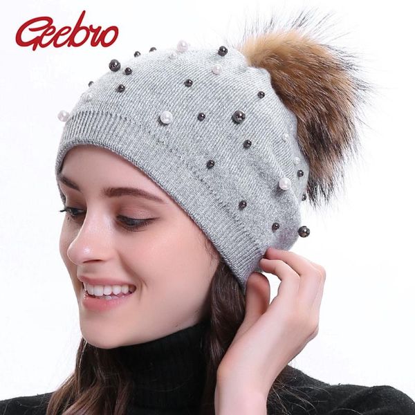 

beanie/skull caps geebro women winter warm cashmere knitted pearl beanies with pompom accessiory hats female wool casual soft comfortable, Blue;gray