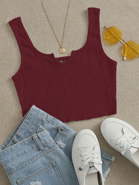 

notch neck lettuce edge rib-knit tank r2gw#, White