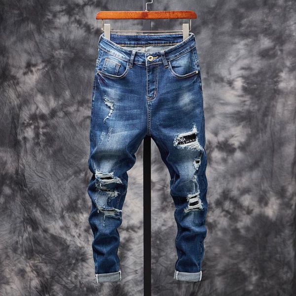 

men's jeans ripped men slim fit dark blue destroyed streetwear broken holes patchwork biker pants denim harem beggar