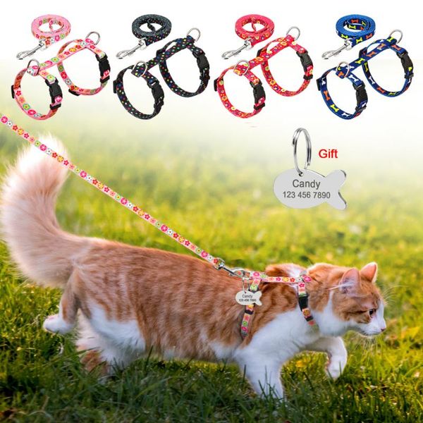 

cat collars & leads nylon puppy harness customized printed walking kitten vest pet traction leash set with engraved id tag pink