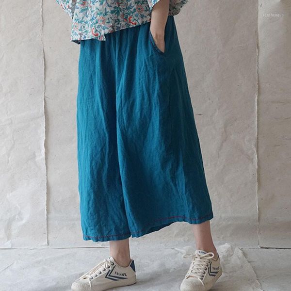 

women's pants & capris johnature cotton linen loose leisure elastic waist pocket wide leg 2021 summer simple comfortable all-match wome, Black;white