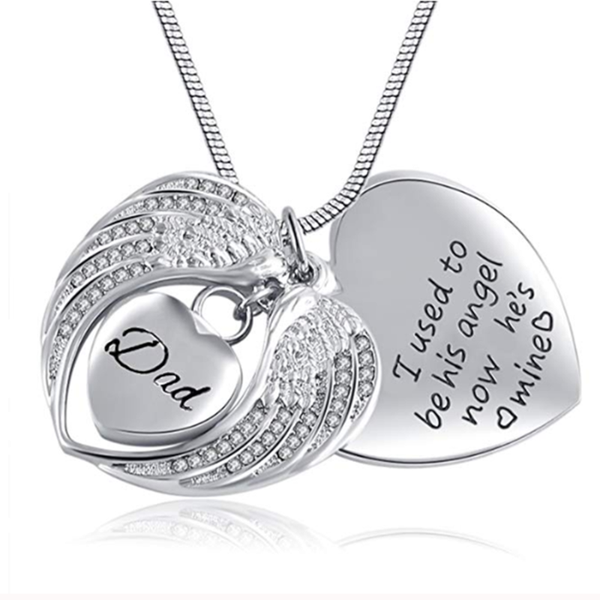 

custom stainless steel angel wing memorial keepsake ashes urn pendant necklace,i used to be his now he's mine necklaces, Silver