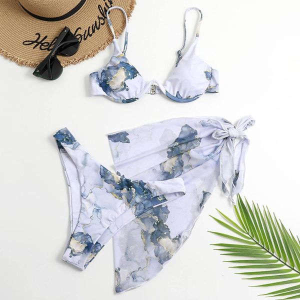 

women's swimwear bikinis 2021 mujer tie-dye printed cross-tie chiffon three-piece split bikini swimsuit high leg swimming suit biquini, White;black