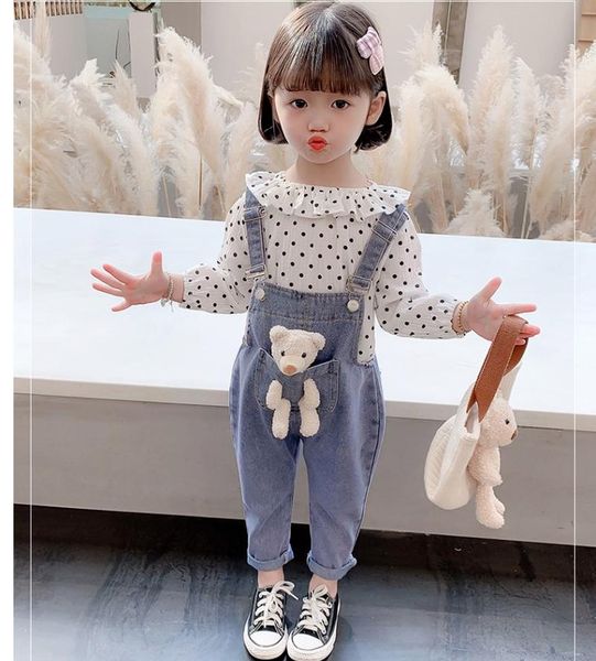 

girls bibs western style children's 2021 spring and autumn cute soft fabric kids jeans kj28, Blue