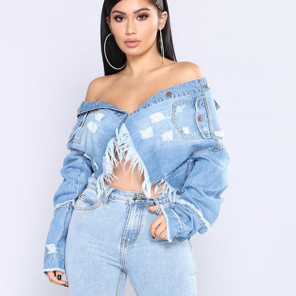 

short jeans jacket for women worn tassels style cropped blue streetwear long sleeves coat autumn lapel cowboy women's jackets, Black;brown