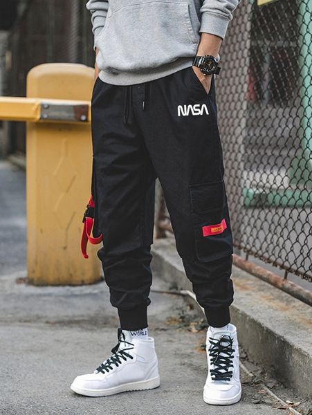 

men letter graphic buckled flap pocket drawstring waist cargo pants u5a4#, Black