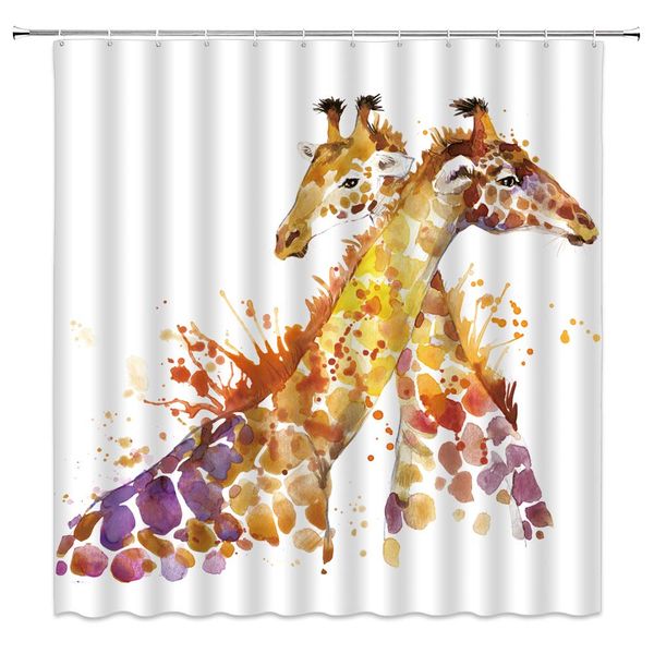 

giraffe shower curtain funny colorful watercolor giraffe couple zoo scene in spring,70x70 inch polyester fabric bathroom