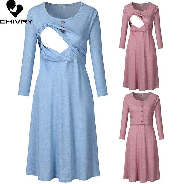 

pregnant women dress casual long sleeve o-neck solid nursing breastfeeding maternity clothing dresses vestidos, White