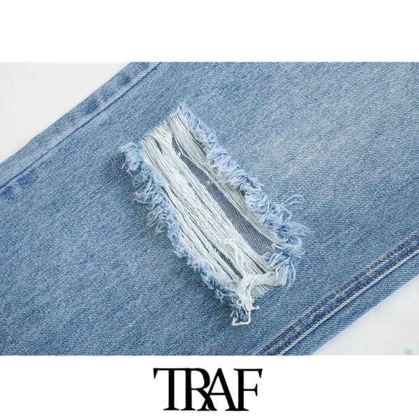 

2021traf women chic fashion ripped hole wide leg jeans vintage high waist zipper fly denim pants female trousers mujer, Blue