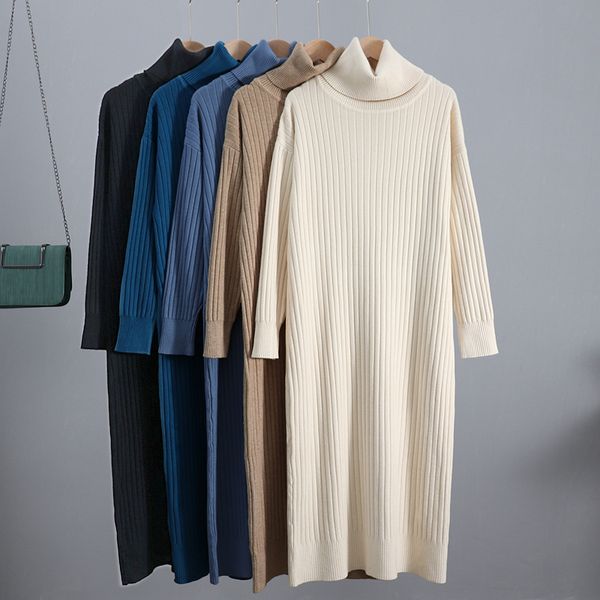 

turtleneck cowlneck women long knit straight dress autumn winter thick midi ribbed knitted christmas dresses, Black;gray