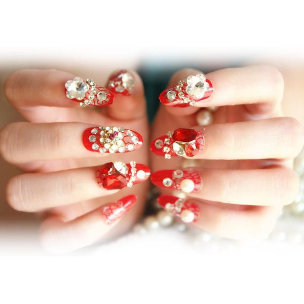 

false nails 24pcs/set adhesive nail tips red shining diamond finished round fake full cover for wedding bride decoration, Red;gold