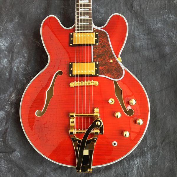 

customized 335 transparent semi-hollow jazz electric guitar tremolo system golden red pickguard rosewood fingerboard,