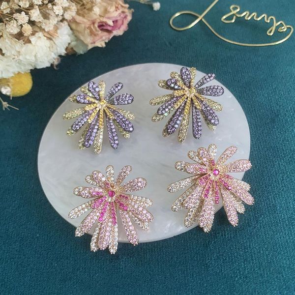 

stud trendy simple sweet fireworks purple pink shiny cubic zircon flower earrings for women luxury temperament jewelry gifts, Golden;silver