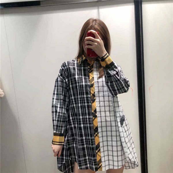 

spring fashion plaid splicing loose long full shirt blouse women 210615, White