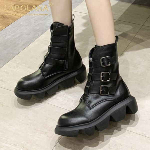 

boots lapolaka 2021 fashion korean comfy shoes ladies booties buckle decoration platform strange style non-slip knight, Black