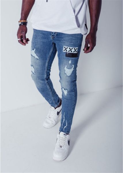 

men's designer mens holes skinny pencil pants with single patches fashion male casual washed out jeans, Blue
