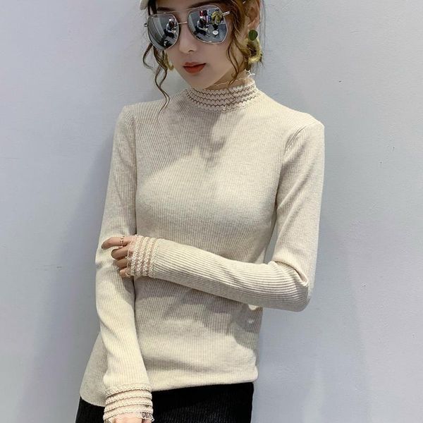 

women's sweaters women 2021 autumn winter half turtleneck thick female solid color lace pullover ladies knitted sweater q327, White;black